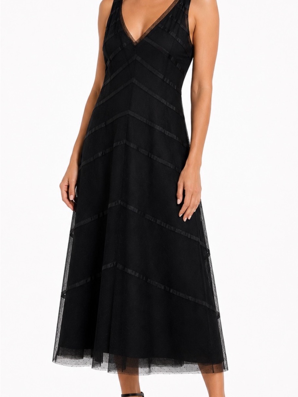 BCBGMaxAzria Black V-Neck A-Line Midi Party Dress - Formal Evening Gown size 4